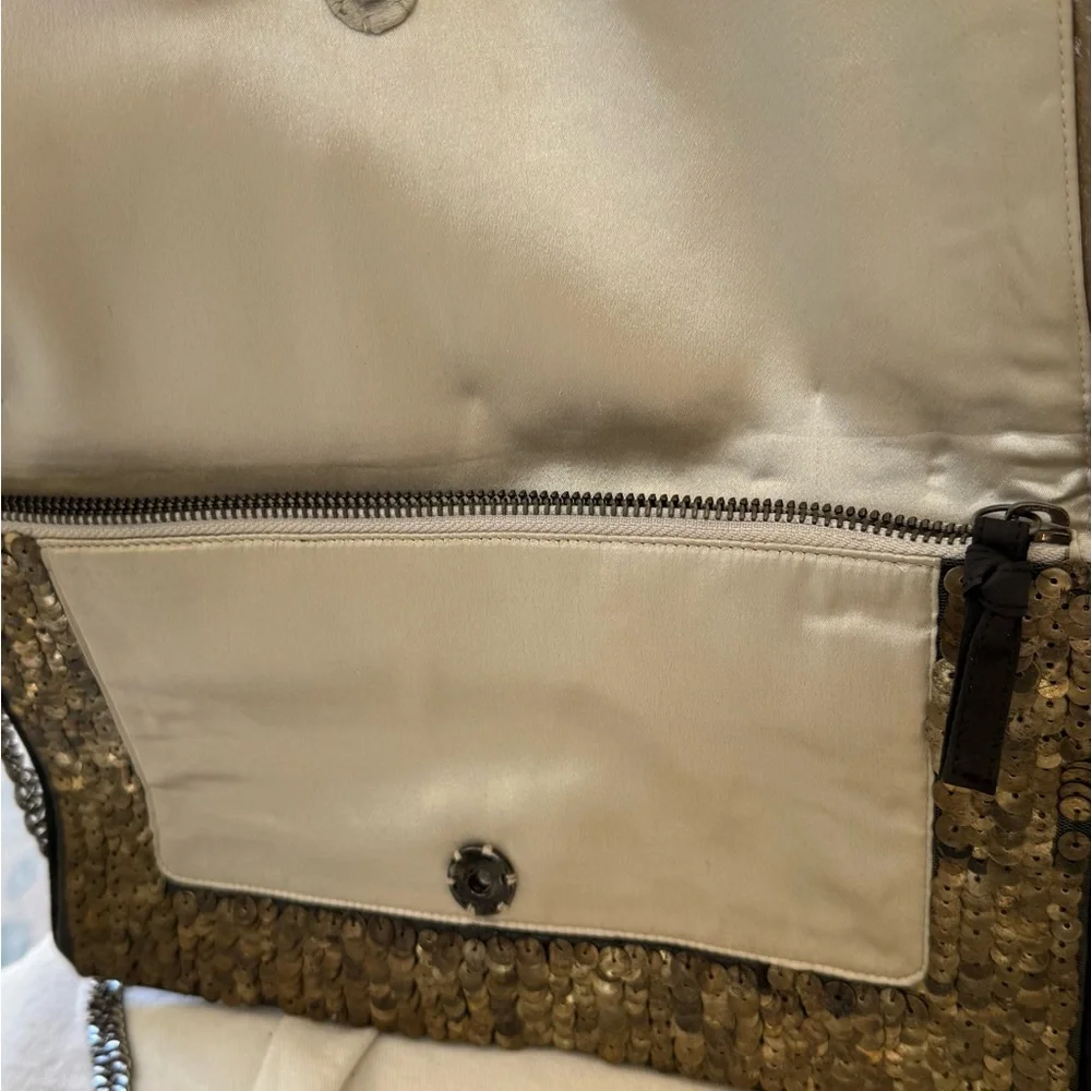 Metal Sequin Envelope Clutch with Chain Strap - Brown